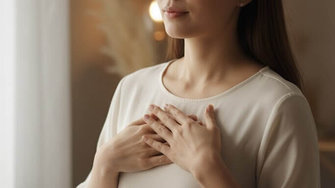 自己否定していた女性が、セルフマッサージをした後に自分自身を労い、認めている写真